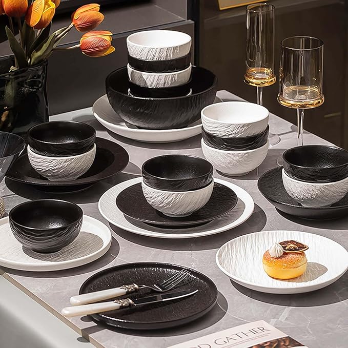 Elegant Black and White Minimalist Matte Ceramic Dinnerware Set, Includes Plates, Bowls, Perfect for Home Dining, Modern Tableware for Everyday Use or Gifting, Ideal for Housewarming