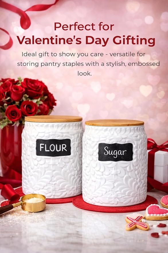 Decorative Ceramic Canister for the Kitchen Set of 2 (94oz/2779ml & 52oz/1537ml) – Airtight Flour Sugar Coffee Containers with Bamboo Lids, Large Kitchen Counter Storage Jars