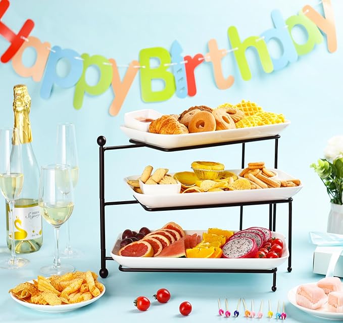 3 Tiered Serving Tray with White Porcelain Platters,Tiered Serving Stand Food Display Stand, Tiered Serving Trays & Platters, Rotatable Foldable Rectangular Plates for Dessert, Brithday Party & Events