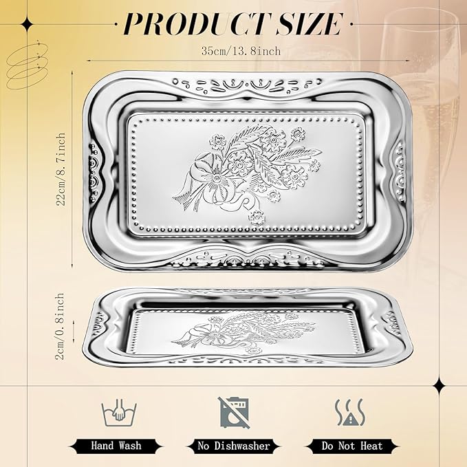 LemonRoad 6 Pack Silver Serving Trays 13.8 x 8.7 Inch Stainless Steel Dinner Trays Engraved Mirror Decorative Tray Silver Platters for Whiskey Charcuterie Snacks Desserts Fruits