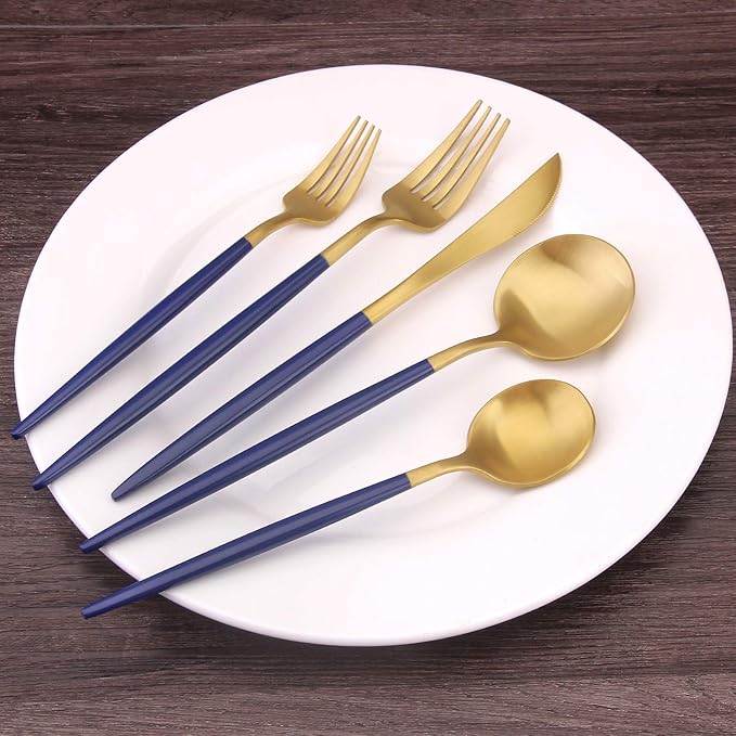 Matte Gold Silverware Set with blue handle, Bysta 5-Piece Stainless Steel Flatware Set, Kitchen Utensil Set Service for 1, Tableware Cutlery Set for Home and Restaurant, Satin Finish, Dishwasher Safe