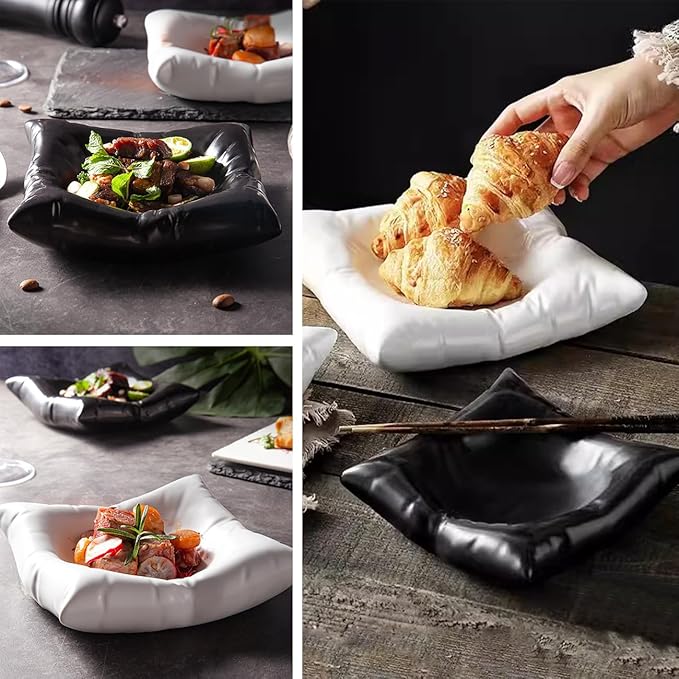 Ceramic Pillow-Shaped Dinner Plate Square Pillow Dessert Plate Serving Dishes for Salad Fruit Steak Tableware Dish Creative Appetizer Plate for Wedding Kitchen Party White 6"