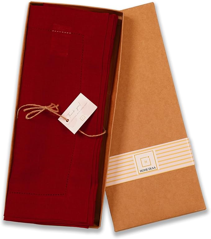 Home Ekaa 100% Pure Linen Red Table Runner 14 x 120 Inch Long - Washable Cloth Fabric Hemstitch Runner for Christmas, Fall, Winter, Holiday & New Year - Elara