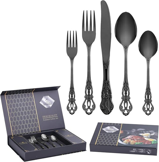 40 Piece Gorgeous Retro Royal Black Silverware Set for 8, Premium Stainless Steel Flatware Set with gift box, Mirror Polished Cutlery Set Including Spoons and Forks, Vintage Utensils, Dishwasher Safe