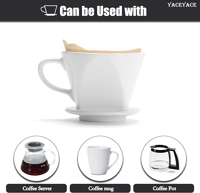 Pour Over Coffee Maker, Single White Ceramic Pour Over with 3 Holes, Medium Coffee Dripper for Shop, Home, Office and Bar