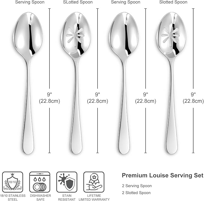 KEAWELL Louise Premium 2 Piece Serving Spoons and 2 Piece Serving Slotted Spoons – 9 inches – 18/10 Stainless Steel - Uniting Elegance and Durability - Exquisite Serving Utensils for Parties