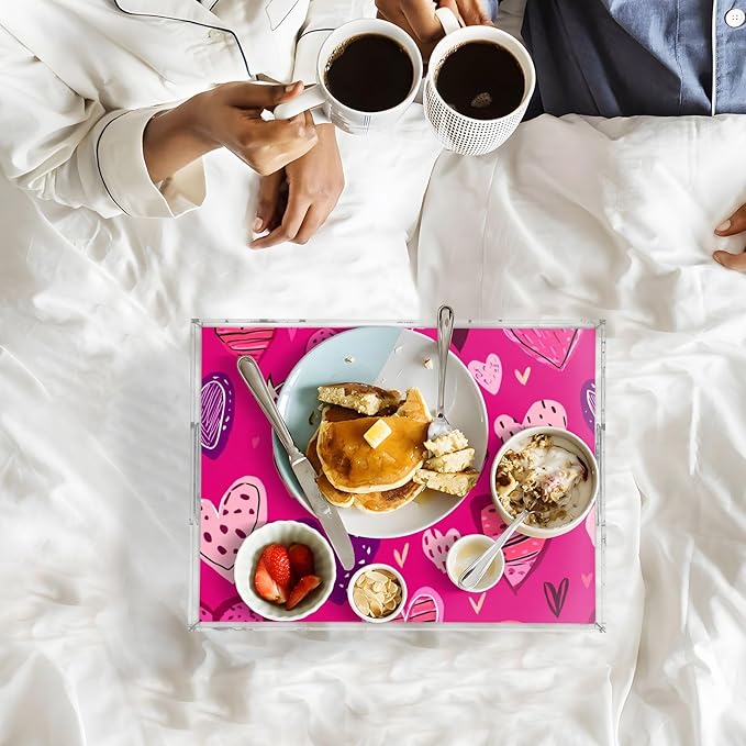 Serving Tray with Handles Clear Acrylic Tray 12x16 Inch Decorative Rectangular Tray Organizer for Ottoman Coffee Table Bathroom Hot Pink Doodle Hearts Stars