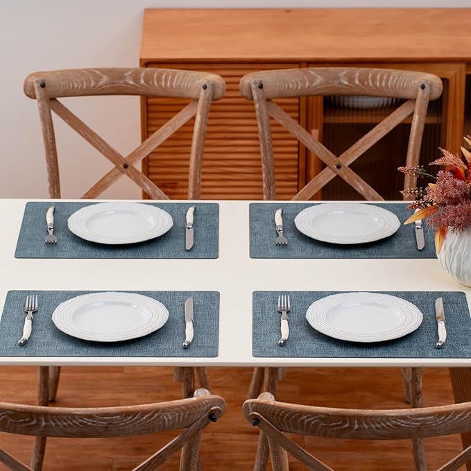 Vinyl Placemats Set of 4 - Faux Leather 100% Waterproof Oil-Proof Wipeable PU Place Mats, Heat Resistant Reversible Table Mats for Kitchen, Dining, Outdoor (Gray Blue)