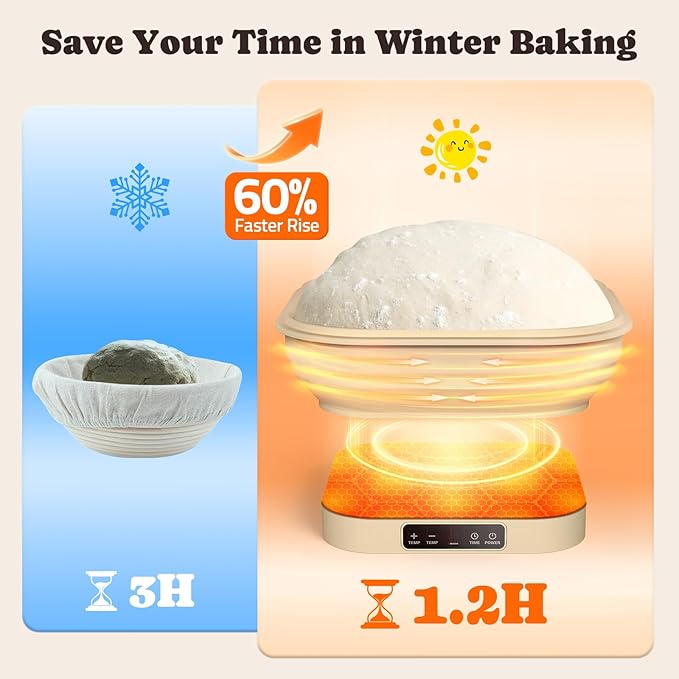 Heating Sourdough Starter Kit, 4L Electric Thermostatic Silicone Square Foldable Banneton Bread Proofing Basket with 6 Timer & Temp Settings for Dough Rising, Dishwasher Safe, Bread Making Kit