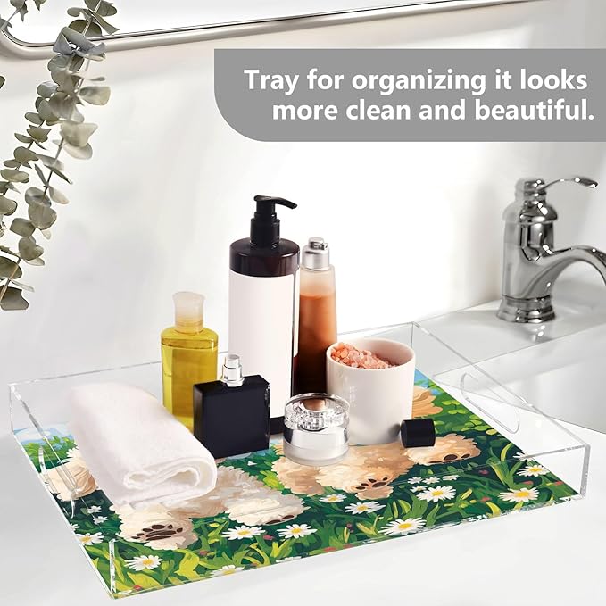 Serving Tray with Handles Clear Acrylic Tray 12x16 Inch Decorative Rectangular Tray Organizer for Ottoman Coffee Table Bathroom Spring Running Poodle Dogs