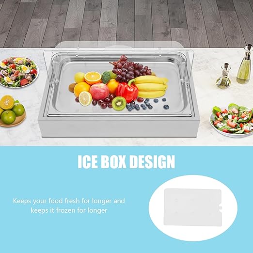 Cold Food Buffet Server, 6L Stainless Steel Ice Food Serving Display Tray with Clear Roll Top PC Cover and Ice Box, Countertop Chilled Serving Tray Platter for Fruit Party Buffet Silver