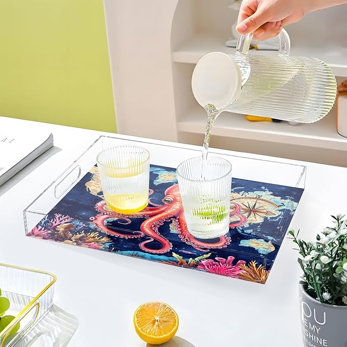 Serving Tray with Handles Clear Acrylic Tray 12x16 Inch Decorative Rectangular Tray Organizer for Ottoman Coffee Table Bathroom Blue World Map and Octopus