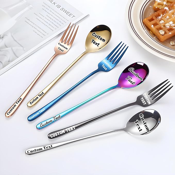 Custom Fork and Spoon Kit Flatware Set, Personalized Stainless Steel Engraved Name Text Dates, Customized Lover Gifts for Couples Boyfriend Girlfriend Birthday Christmas Gift - 6 Colors