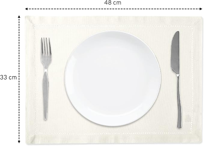 Encasa XO Placemats Set of 4 | Cotton Hemstitched Design | Natural | Rectangular 19"x13" - Dining Table Mat | for Dining Table Fall Decoration, Holiday & Christmas Festivals - Machine Washable
