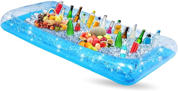 Leitee Inflatable Serving Bar with Drain Plug 52 x 24 x 5'' Inflatable Ice Serving Buffet Bar for Party Food Cooler Buffet Drink(Blue,Sequin Style)