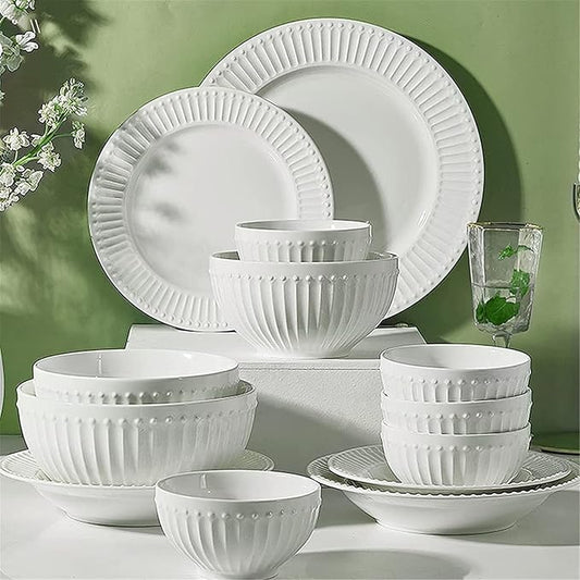 Dinnerware Set,19 Pcs Dinnerware Sets,Porcelain Tableware Set with Plates and Bowls,White Ceramic Dinner Set for Kitchen and Dinning