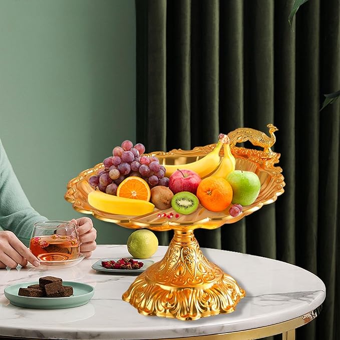 Fruit Plate Vegetable Holder with Base Decor Container Stand for Kitchen Counter Home Bread Snacks Serving Tray- Gold