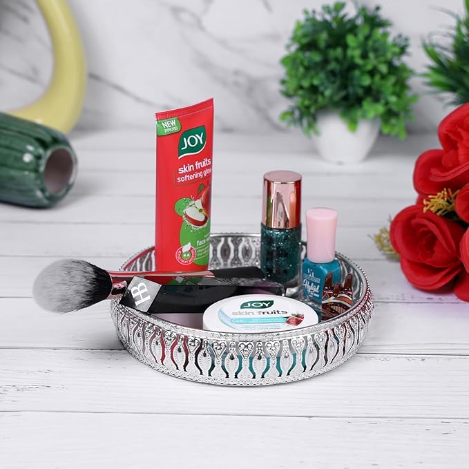 Silver Decorative Multipurpose Round Tray – 6 × 1 Inches Ornate Metal Platter for Snacks, Dry Fruits, Makeup, Jewelry, Puja & Gifts – Elegant Home Décor Serving Tray