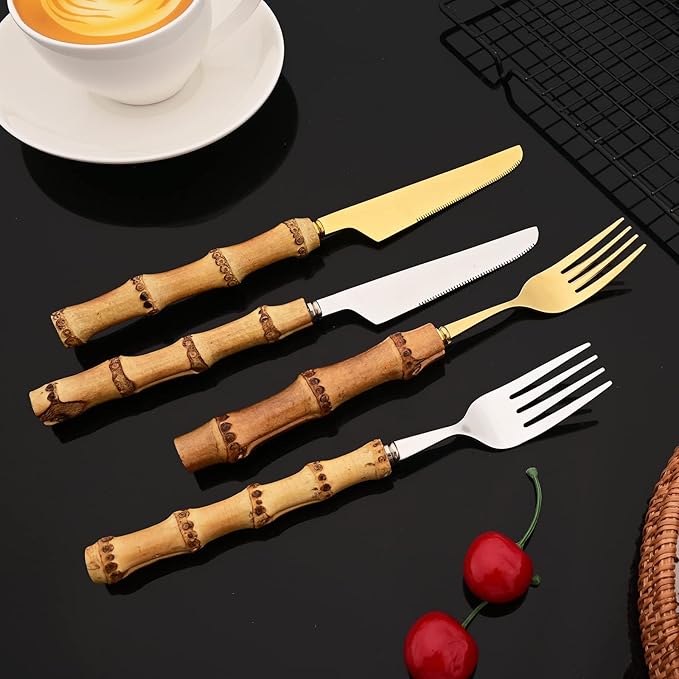 JASHII 30pcs Bamboo Handle Silverware Set, 304 Stainless Steel Gold Flatware Set, Service for 4, with 2pcs Serving Spoons.Mirror Polished, Reusable Bamboo Cutlery Set for Home Party