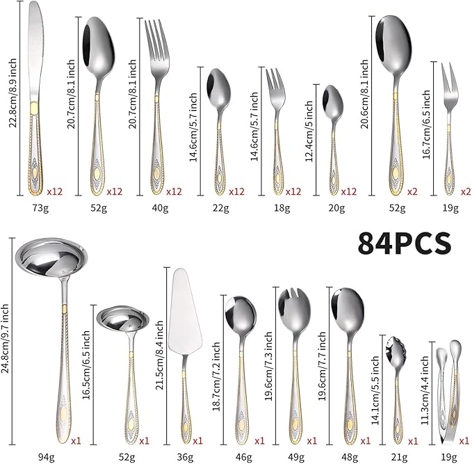 Silverware Flatware Serving Set for 12 with Gold Accents, 72/84 PCS Luxury Dining Silverware Cutlery Service in a Wooden Storage Case Chest for Formal Events, Parties(B,84pcs)