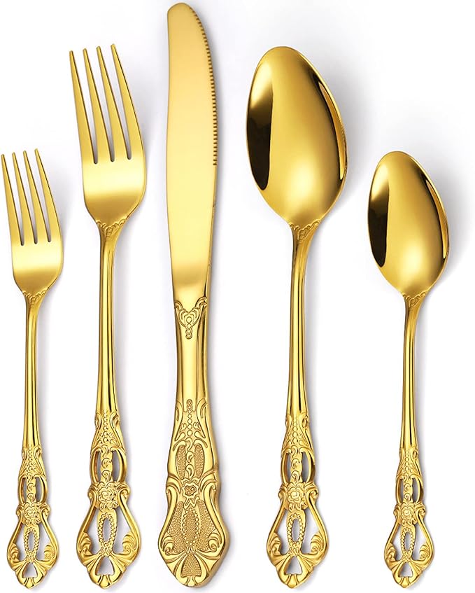 Vilihkc Gorgeous Retro Royal Stainless Steel 5 Pieces Flatware Set, Silverware Set, Anti-rust Stainless Steel Cutlery Set Utensils Including Fork Spoon and Knife
