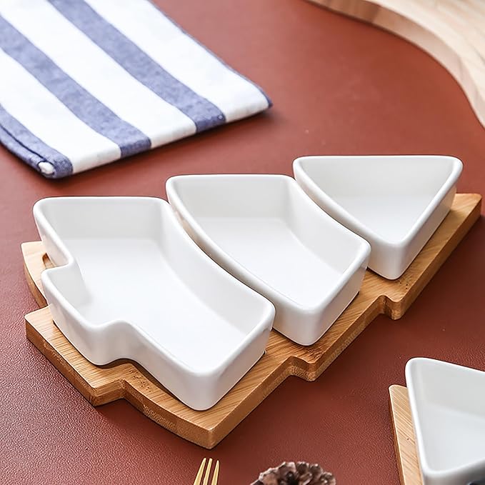 cjc Christmas Tree Serving Dishes Set with Bamboo Tray - 1 Sets of Porcelain Appetizer Plates for Holiday Parties