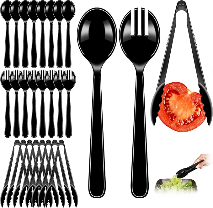 24 Pcs Black Serving Utensils Set For Parties - 8 Tongs, 8 Spoons, 8 Forks - Heavy Duty Plastic Disposable Serving Utensils Set for Buffet, Wedding, Holiday Events Catering Supplies