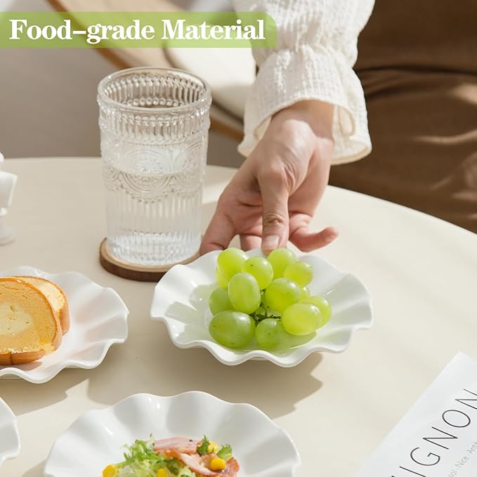 TAMAYKIM 18 Pieces 6 Inch Porcelain Dessert Plates, Small Appetizer Plates, Wavy Rim Dinnerware Sets, Microwave, Oven, and Dishwasher Safe, White