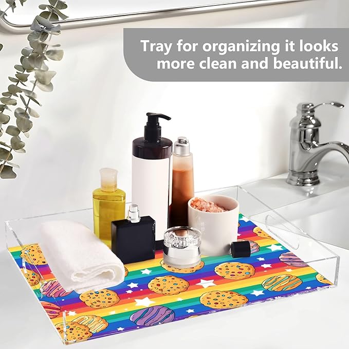 Serving Tray with Handles Clear Acrylic Tray 12x16 Inch Decorative Rectangular Tray Organizer for Ottoman Coffee Table Bathroom Rainbow Stripes Cookies Stars