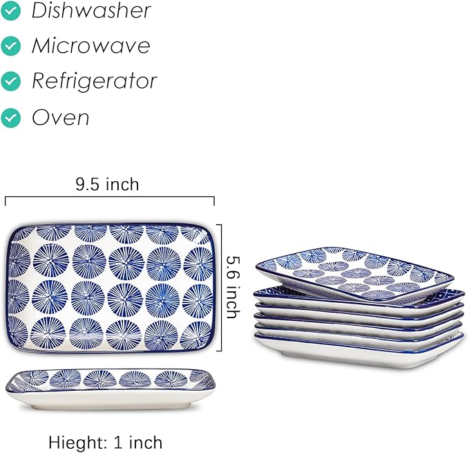 Selamica Ceramic 9.5 Inch Large Rectangular Salad Plates, Dinner Plates, Pasta Dessert Plates Serving Platters and Trays for Appetizer, Sushi, Fruit, Set of 6, Vintage Blue