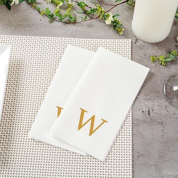 Luxenap 15.8 X 7.9 Inch Linen-Feel Guest Towels, 50 Lettered Hand Towels - Gold Letter 'W', Sans Serif Font, White Paper Dinner Napkins, airlaid, For Restrooms And Tables