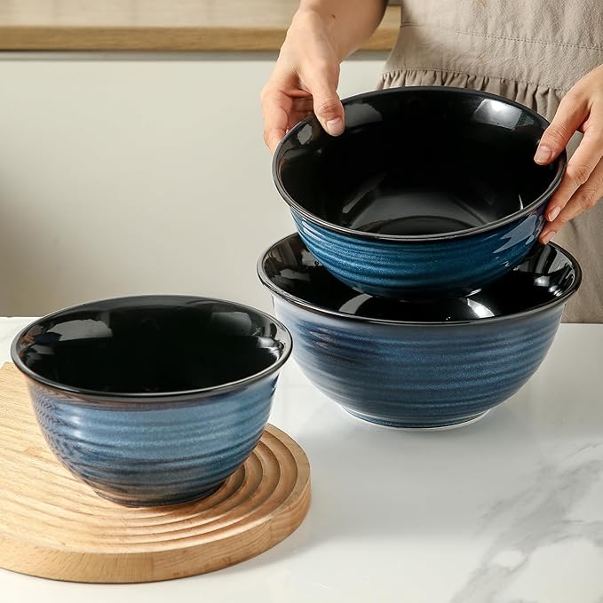 HASENSE Mixing Bowls, Ceramic Serving Bowls Set for Cooking, Baking, Prepping, Large Nesting Bowls for Salads, Fruit, Popcorn, Christmas Gift, 2.1/1.5/1.0 Qt, Dishwasher & Microwave Safe, Blue