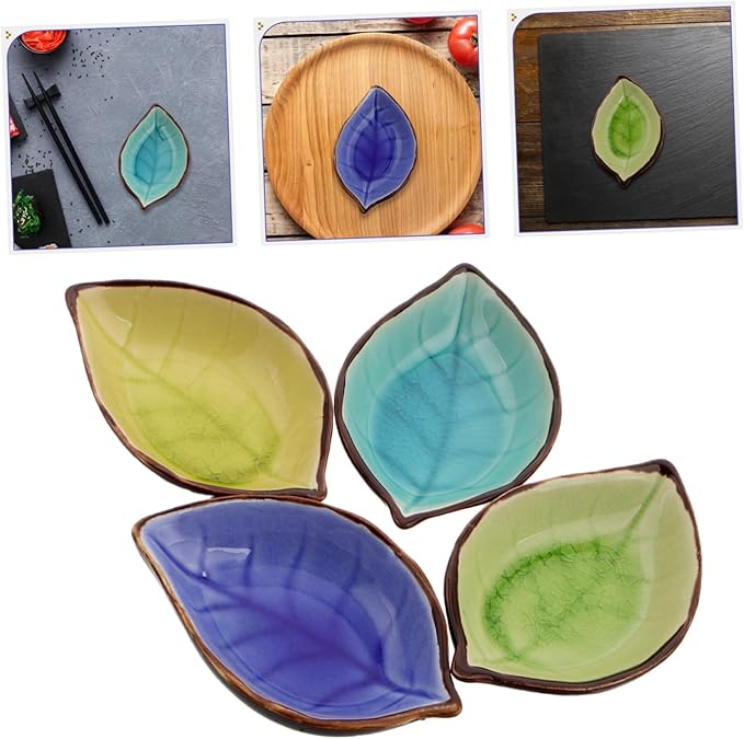 4pcs Leaf Shape Ceramic Appetizer Plates Multi-Functional Seasoning Dishes for Soy Sauce Vinegar and Snacks Kitchen Decor Unique Ice Crackle Glaze