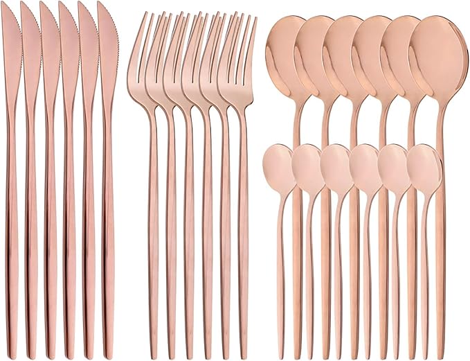 24-Piece Mirror Copper Polished Flatware, 18/0 Stainless Steel Dinnerware Set Include Knife Fork Spoon Teaspoon Cutlery Set For Home Restaurant and Party Service For 6, Dishwasher Safe