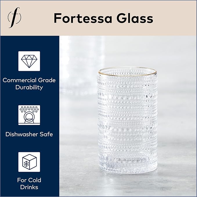 Fortessa Jupiter Beaded Hobnail Glass, 13 Ounce Iced Beverage (Set of 6), Gold Rim Clear