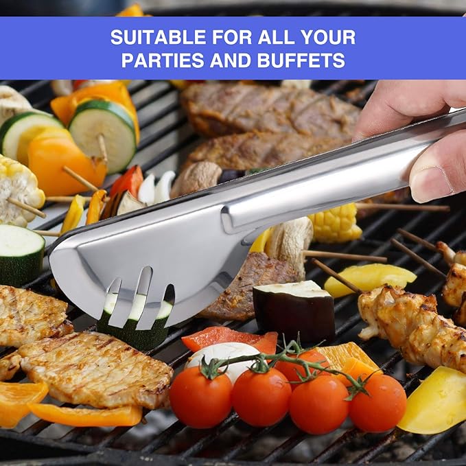Patelai 8 Pcs Silver Stainless Steel Serving Utensils Set 8.7" Large Spoons and Slotted Spoon 9.45" Tong 9" Forks Flatware Wedding Valentine's Day Holiday Party Buffet Banquet Cooking Kitchen Catering