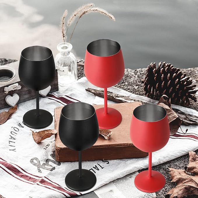 Lifecapido Stainless Steel Wine Glasses Set of 4, 18oz Stainless Steel Wine Goblets, Metal Wine Glasses with Cup Brush for Party Office Wedding Anniversary, Great for Red White Wine, Black and Red