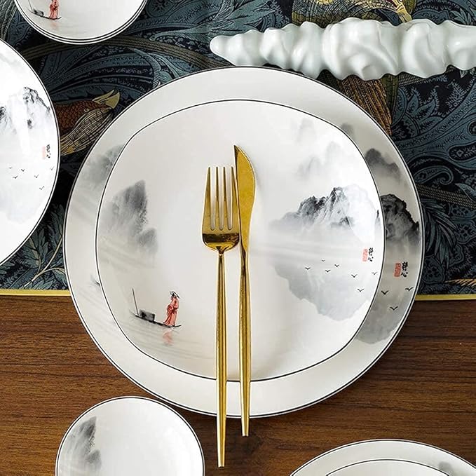 Dishes/Plate/Bowl Set,Dinnerware Sets for 4/6/ 12, Chinese Dinner Set, Black and White Plates and Bowls Set, Dish Set/Tableware Set, Chinese Ancient Ink Painting Design - for Home, Kitc