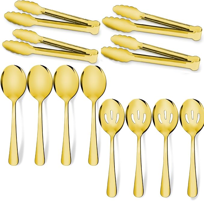 12PCS Gold Stainless Steel Serving Utensils Sets - Large Serving Spoons,Slotted Spoons,Serving Tongs,Utensills Sets for Buffet Catering Banquet Party