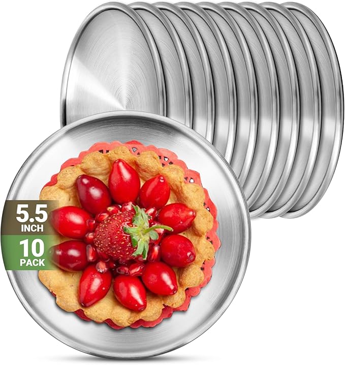 Stainless Steel Plates, 10 Pack 5.5 inch 304(18/8) Metal Food Serving Plate Set, Reusable Snack Eating Dishes Round Shatterproof Plate Silver Dinnerware for BBQ Dinner Oven Dishwasher Safe