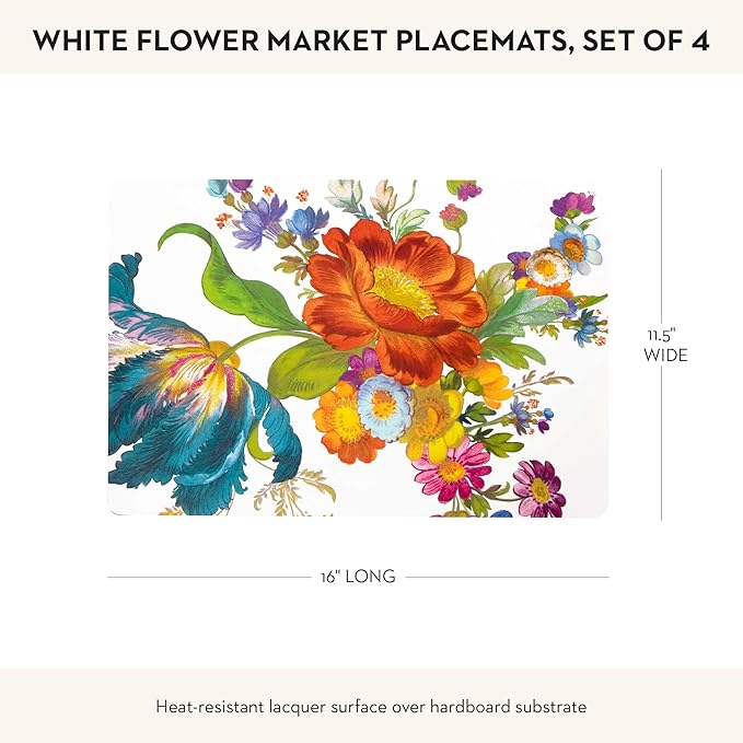 MACKENZIE-CHILDS Cork-Back Placemats, Hard-Finish Washable Table Mats, Set of 4, White Flower Market