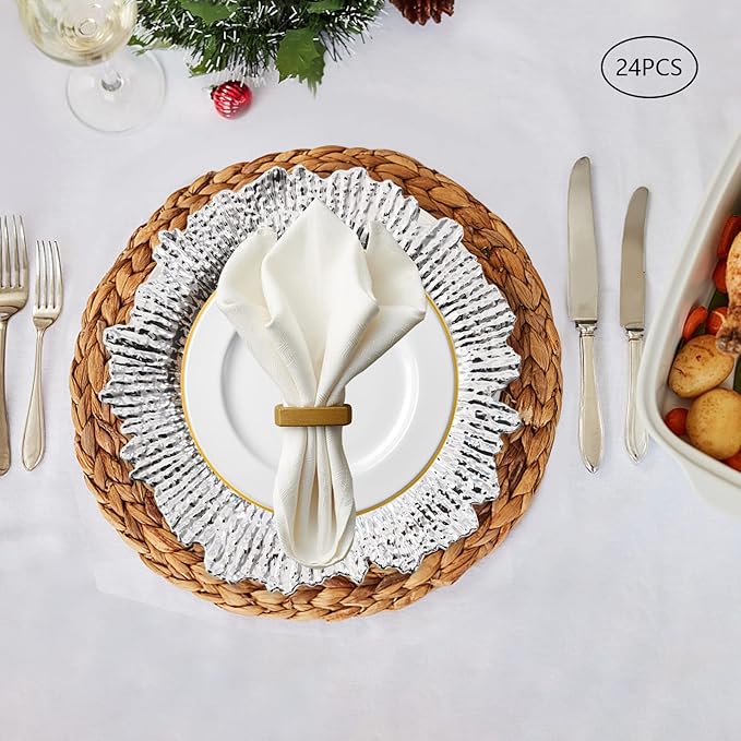 24 PCS Charger Plates Bulk, 13 Inch Floral Reef Plastic Charger Dinner Plates Round Service Plates Decorative Chargers Bulk for Table Setting Wedding Party Event(Silver)