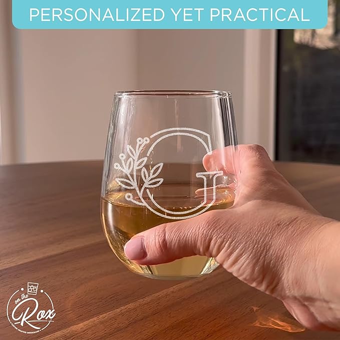 On The Rox Drinks Monogrammed Gifts For Women and Men - Letter A-Z Initial Engraved Monogram Stemless Wine Glass - 17 Oz Personalized Wine Gifts For Women and Men (G)