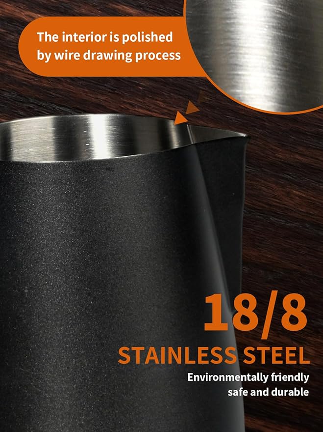 Milk Frother Cup Milk Frothing Pitcher, Stainless Steel Milk Steamer Cup for Espresso Machines, Barista Grade Latte Art Pitcher at home, Advanced Barista Approved Tools 15.2oz(450ml), Black
