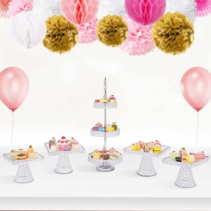 5 Pcs Silver Cake Stand Set, Acrylic Mirror Surface Vintage Cake Stand, Dessert Tower Plate Holder Decor Serving Platter Crystal Cakes Stands Wedding, Party, Baby Shower