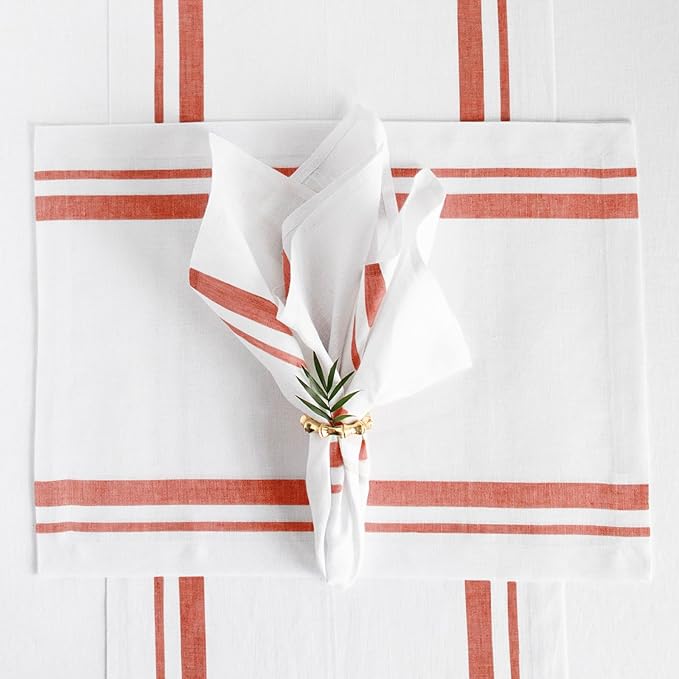 Solino Home Linen Placemats Set of 4 - French Stripe Red and White Placemats 14 x 19 Inch - 100% Pure Linen Table Mats for Christmas, Holiday, Winter, New Year