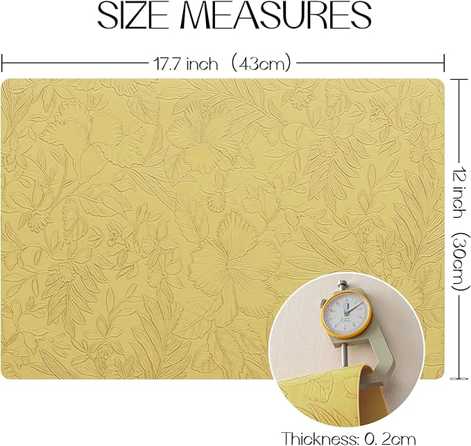Romanstile Vinyl Placemats Set of 6-12 X 17 Inch - Heat Resistant Non-Slip Embossed Floral Place Mats 100% Waterproof Oilproof Wipeable Faux Leather Table Mats for Kitchen/Dining/Party, Yellow