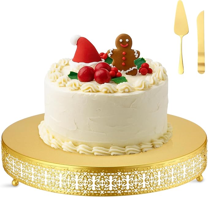 Wenqik Christmas Cake Stand 16 Inch Gold Metal Round Cupcake Dessert Stand with Cake Cutting, Spatula Xmas Cupcake Pastry Display Candy Holder Display for Christmas Wedding Birthday Party