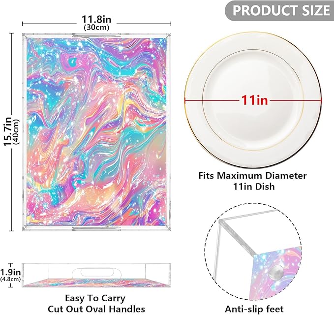 Serving Tray with Handles Clear Acrylic Tray 12x16 Inch Decorative Rectangular Tray Organizer for Ottoman Coffee Table Bathroom Pink Liquid Gradient