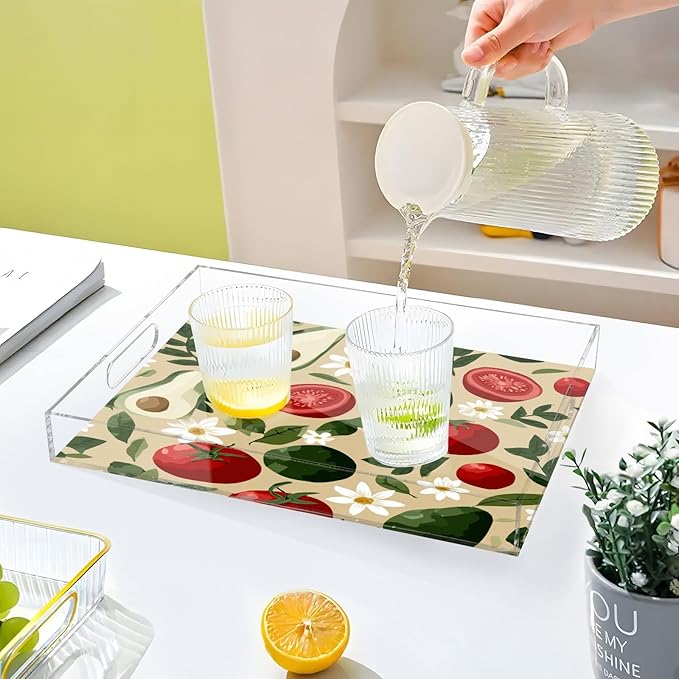 Serving Tray with Handles Clear Acrylic Tray 12x16 Inch Decorative Rectangular Tray Organizer for Ottoman Coffee Table Bathroom Avocados Tomatoes Floral Leaves Beige